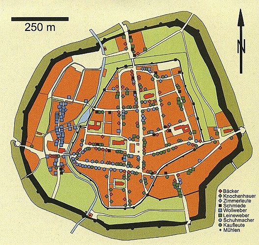 Der Stadtplan von Göttingen im späten Mittelalter mit den nachweisbaren Standorten für städtische Handwerker.