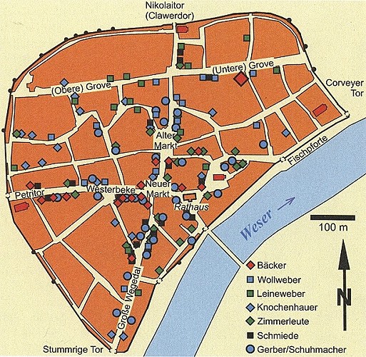 Der Stadtplan des mittelalterlichen Höxter im späten Mittelalter mit den nachweisbaren Gewerben.