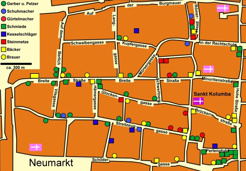 Straßenplan des Kirchenspiels St. Kolumba in Köln mit den nachweisbaren Standorten der Handwerker im Jahr 1286.