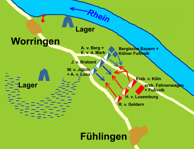 Die Eröffnungsphase der Schlacht von Worringen.