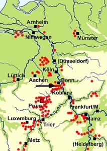 Karte mit dem Besitzungen des Klosters Prüm im Mittelalter.