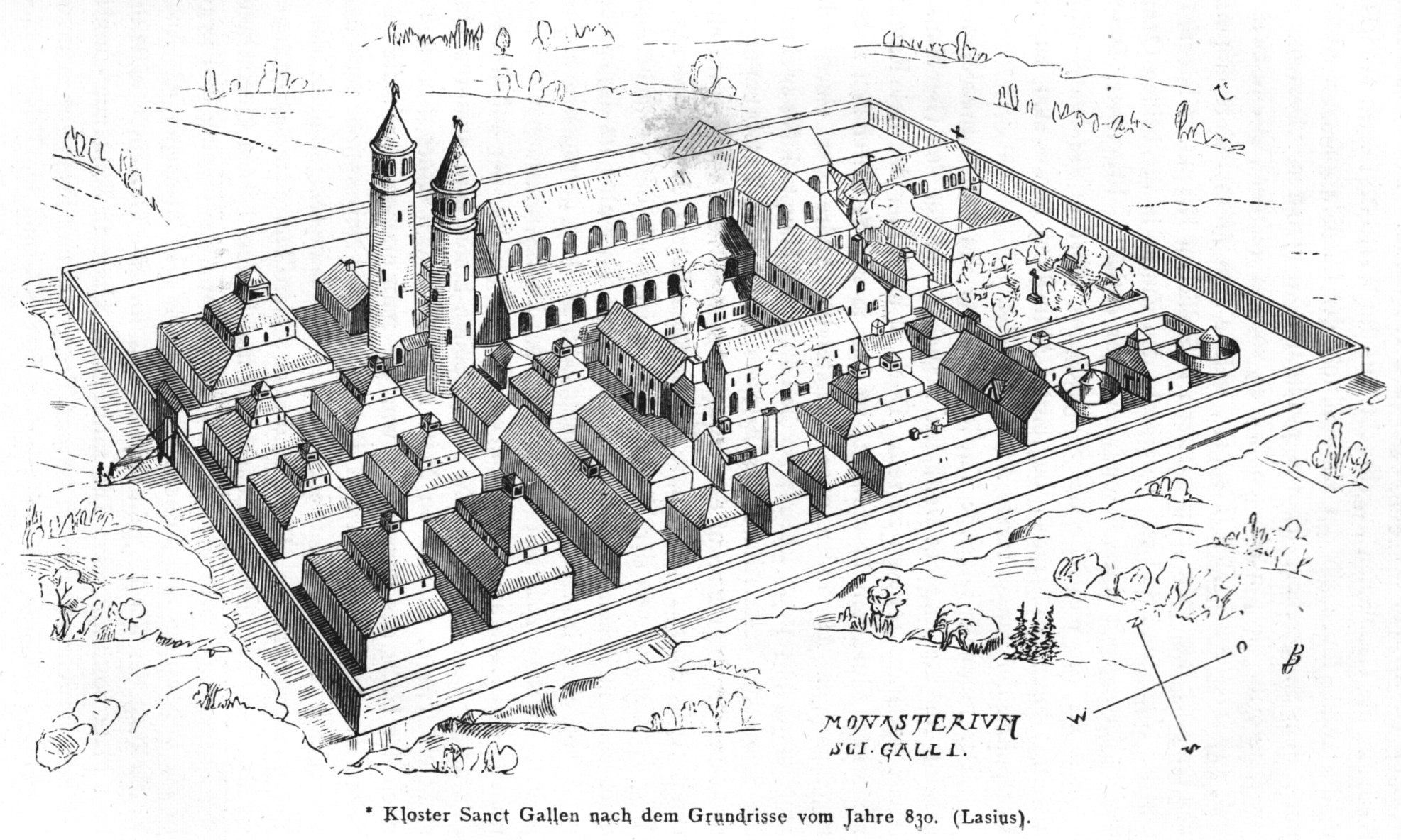 Zeichnerische Umsetzung vom Klosterbau von Sankt Gallen.
