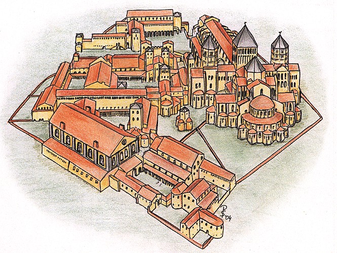 Rekonstruktion vom Klosterbau Cluny im 12. Jahrhundert von Osten gesehen.